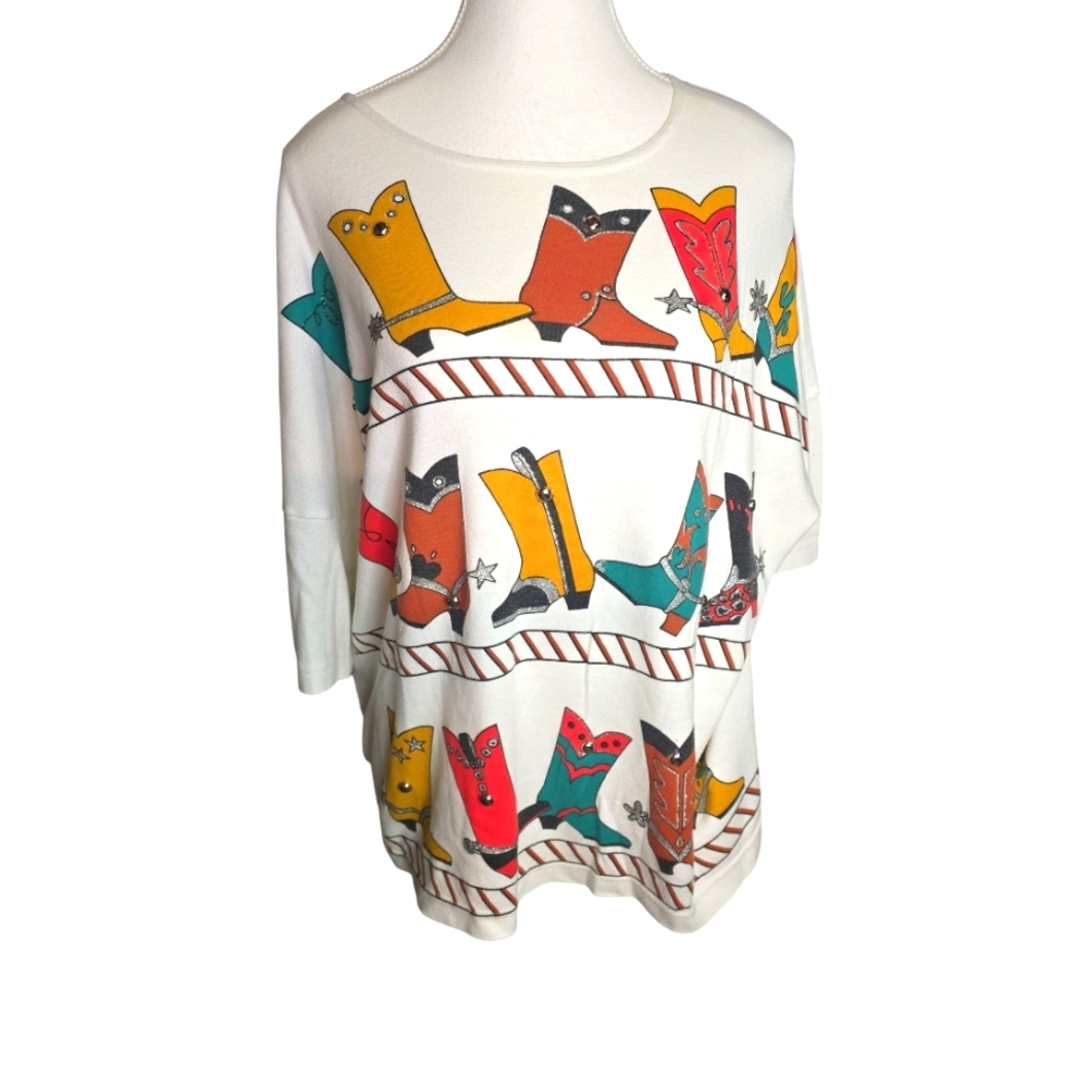 Vintage Western  Glam Glitter Cowgirl Boot Colorful Rodeo USA Tshirt Size XL - Picture 1 of 8